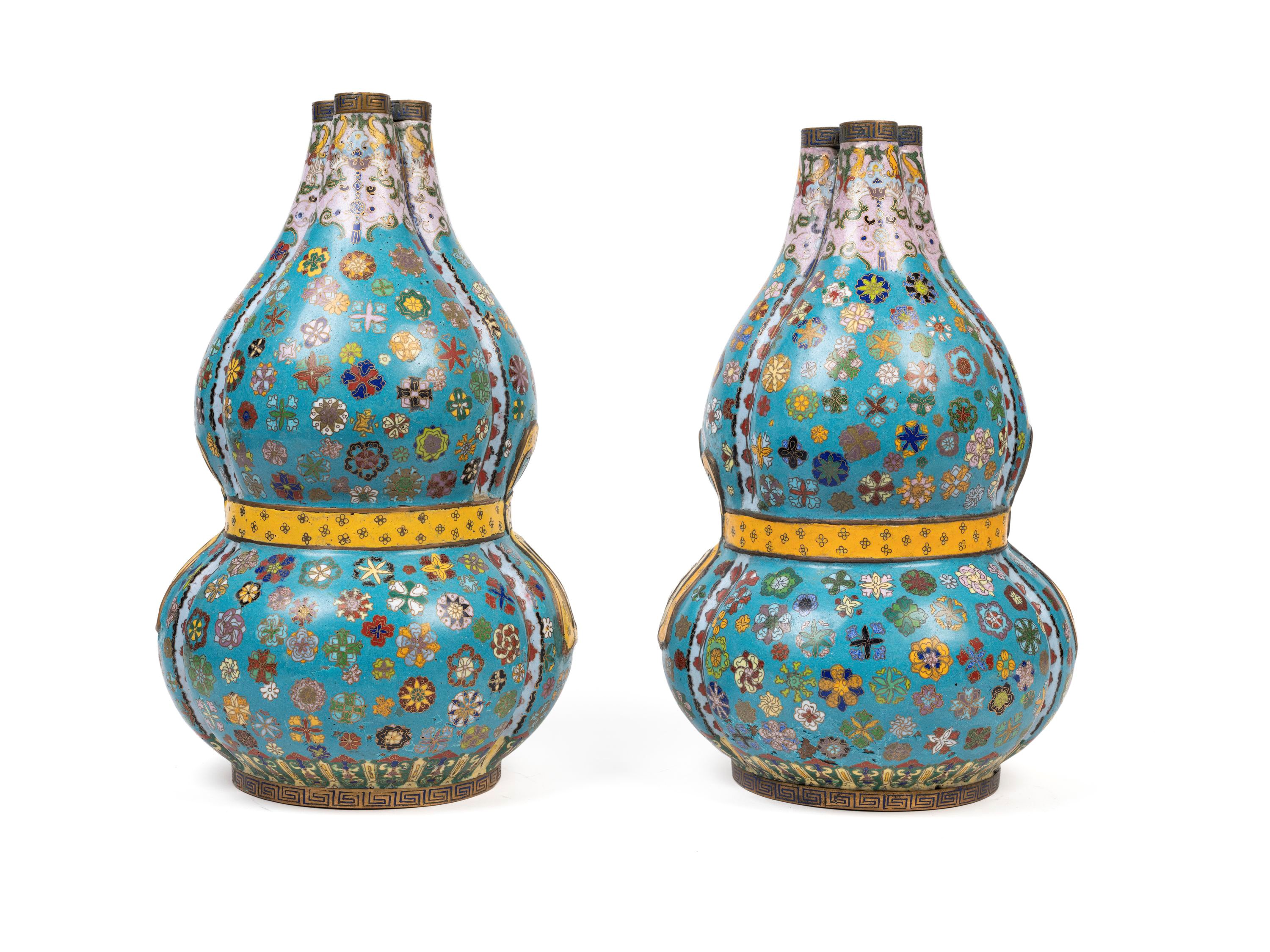 COPPIA DI VASI DOPPIA ZUCCA CONGIUNTA IN CLOISONNÈ