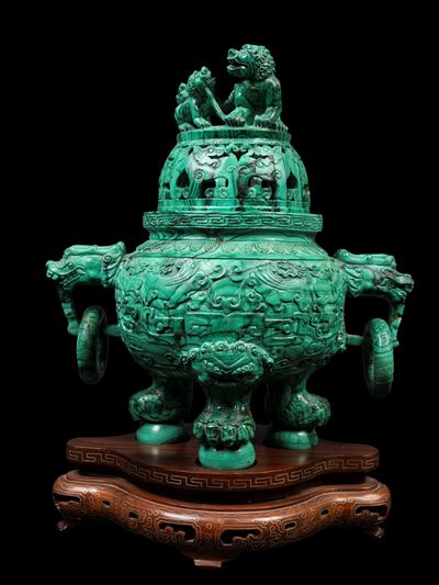 Incensiere tripode in malachite, Cina, XX secolo