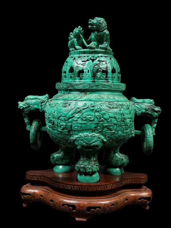 A MALACHITE TRIPOD-CENSER
