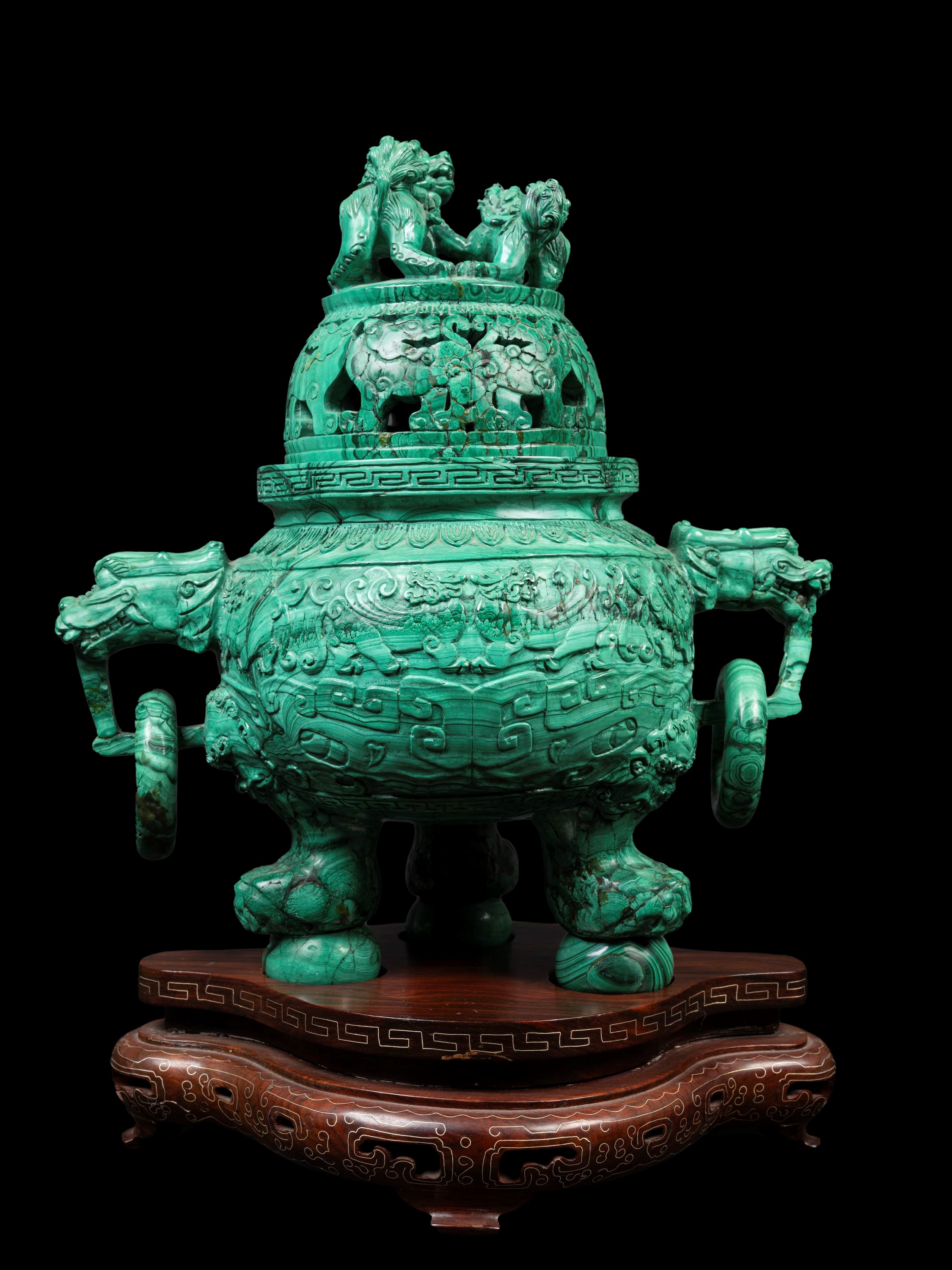 Incensiere tripode in malachite, Cina, XX secolo
