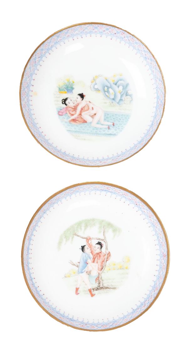 PAIR OF FAMILLE ROSE EROTIC PORCELAIN DISHES