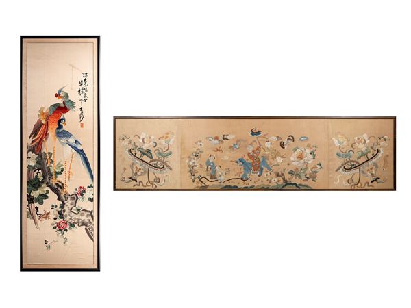 TWO SILK EMBROIDERED TEXTILES