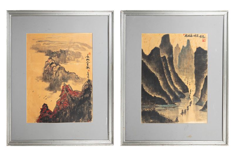 Cina, Paesaggio montuoso con Grande Muraglia e Paesaggio fluviale, dipinti su carta
