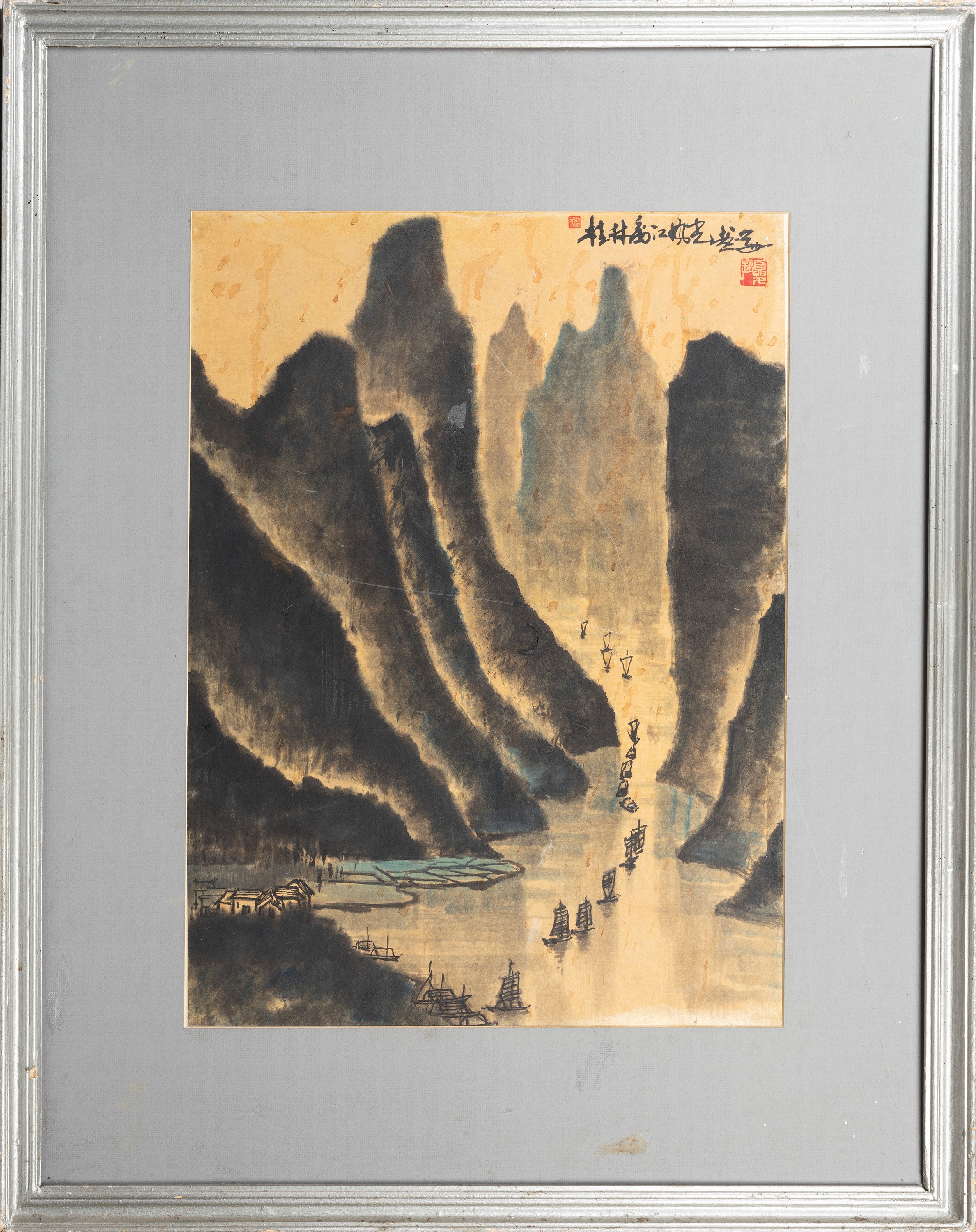 Cina, Paesaggio montuoso con Grande Muraglia e Paesaggio fluviale, dipinti su carta