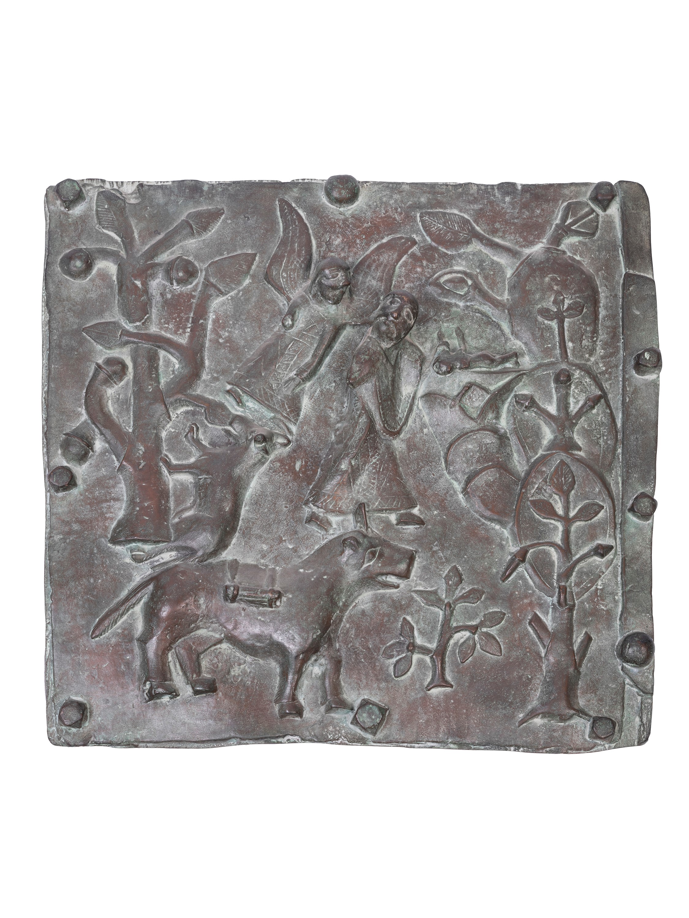 Coppia di placche in bronzo decorate a rilievo con soggetti religiosi, XX secolo