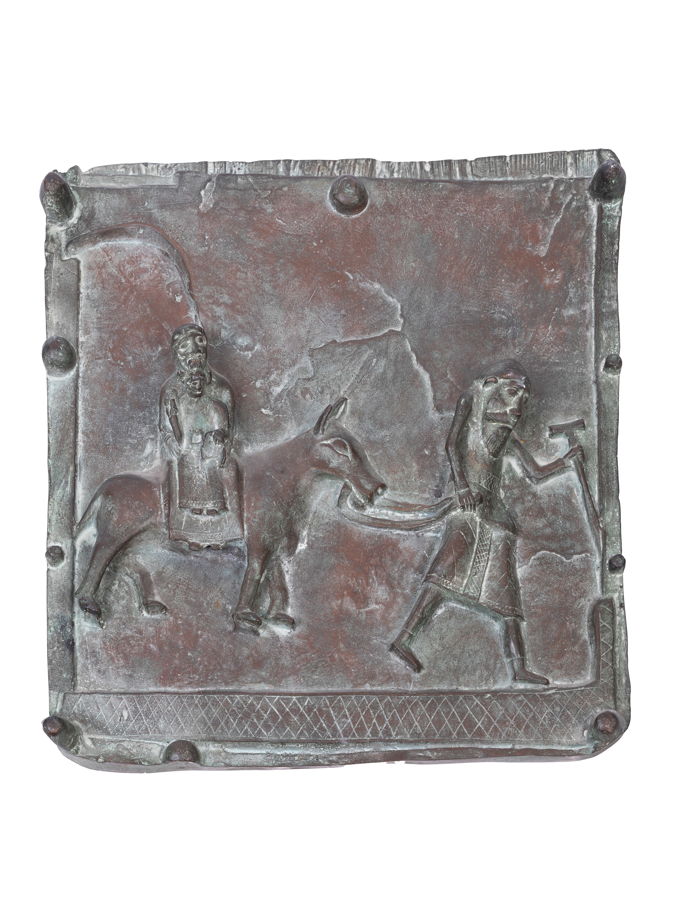 Coppia di placche in bronzo decorate a rilievo con soggetti religiosi, XX secolo