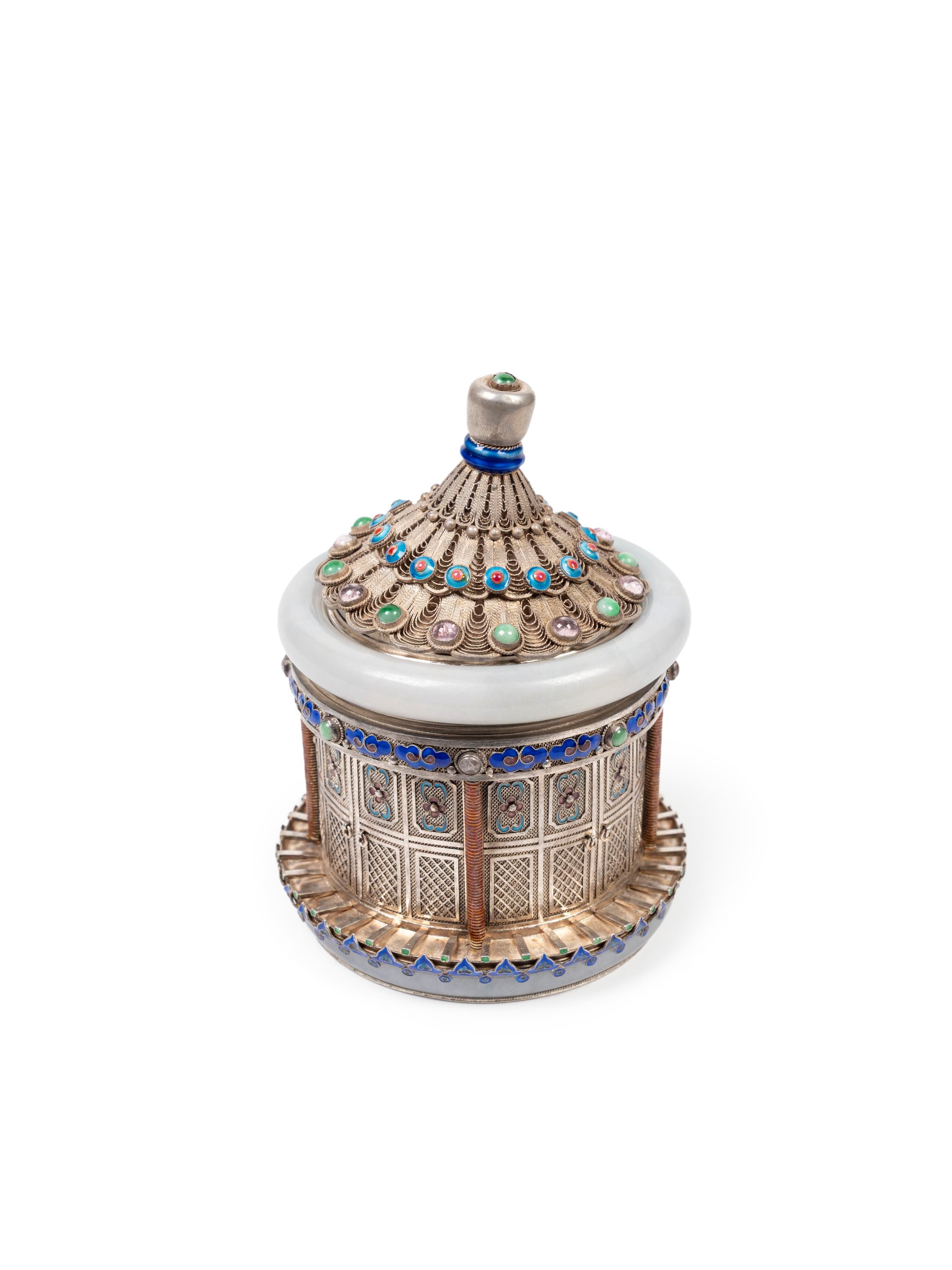 Scatola in argento, giada e smalti, forma pagoda, Cina, XX secolo