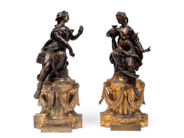 PAIR OF GILT AND PATINATED BRONZE ANDIRON FINIALS
