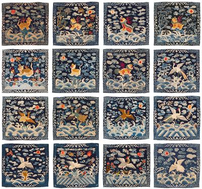 Cina, Dinastia Qing (1644-1911), Sedici 'Rank Badges' in seta ricamata