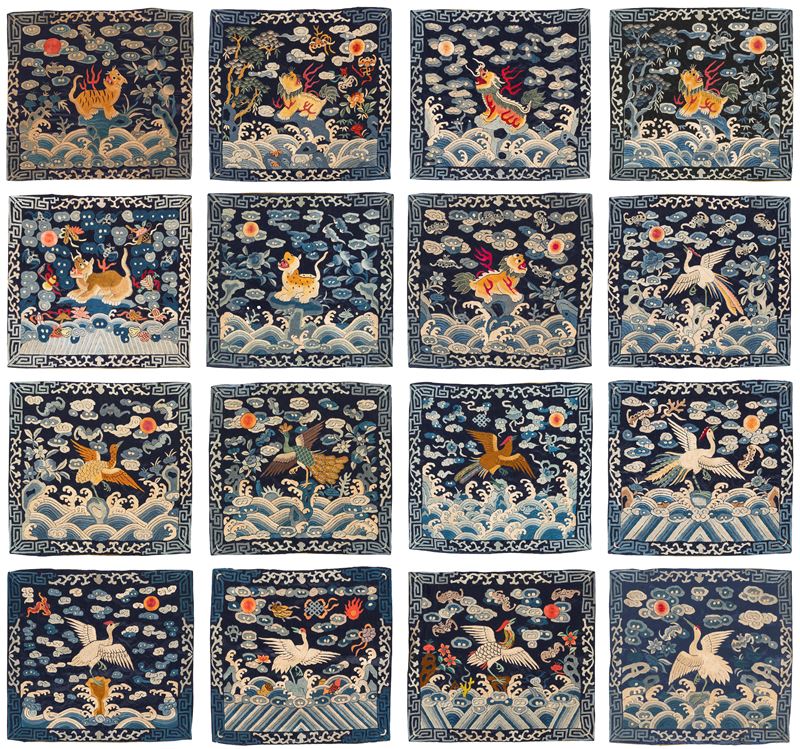 Cina, Dinastia Qing (1644-1911), Sedici 'Rank Badges' in seta ricamata