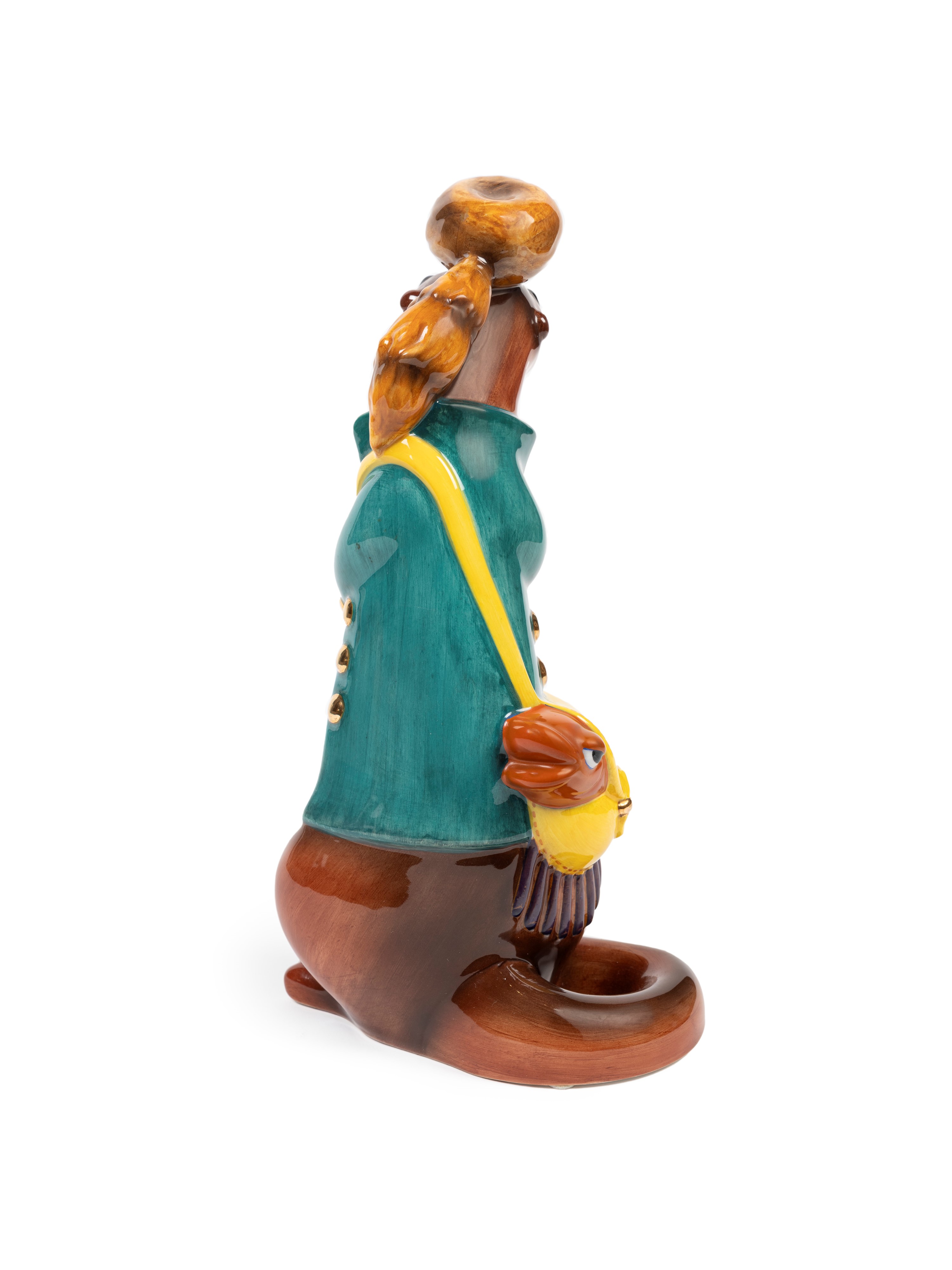Lenci - Felice Tosalli, Scultura in terraglia policroma raffigurante una lontra pescatrice con gi...
