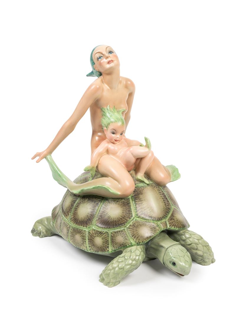 Lenci - Helen Konig Scavini, Scultura in terraglia policroma raffigurante Mamma Sirena, circa 193...