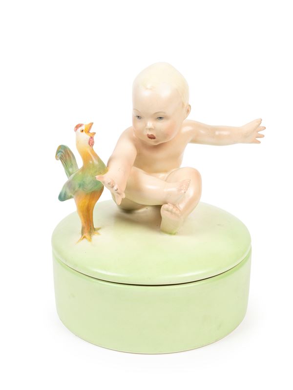 Lenci - POLYCHROME EARTHENWARE BOX WITH CHILD AND ROOSTER