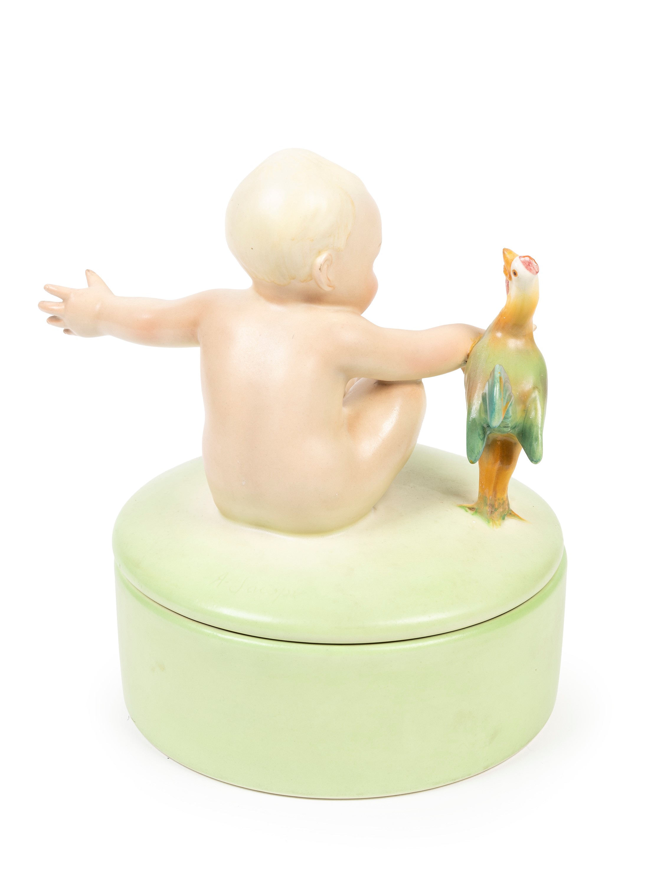 Lenci - Abele Jacopi, Scatola con bambino e galletto in terraglia policroma, Torino, 1935 ca.