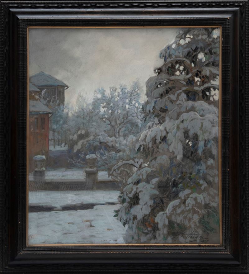 Gino Piccioni - Paesaggio innevato, olio su cartoncino