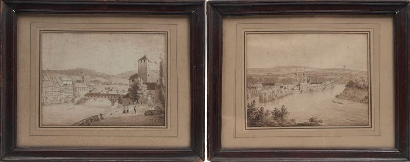 Johann Jakob Meyer - Due vedute della Svizzera, china su carta