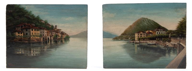 G. Ferni, Copia di vedute del Lago di Lugano, olio su tavoletta