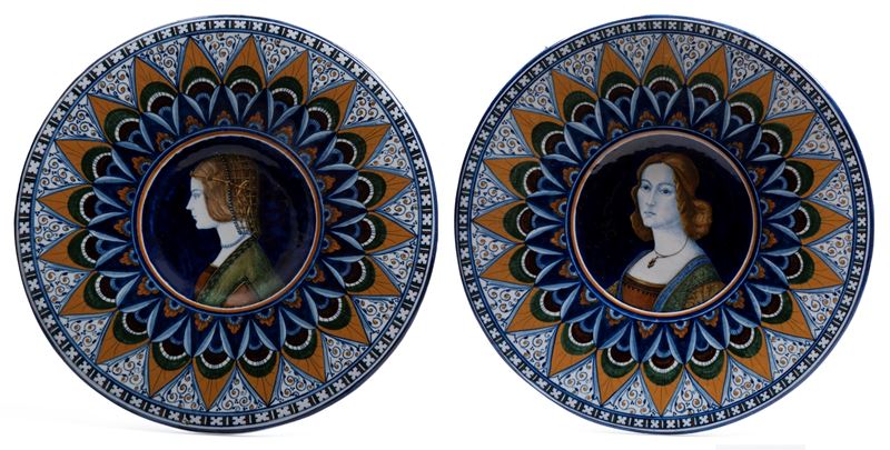 Pietro Melandri - Coppia di piatti da parata in maiolica policroma, Faenza, XX secolo