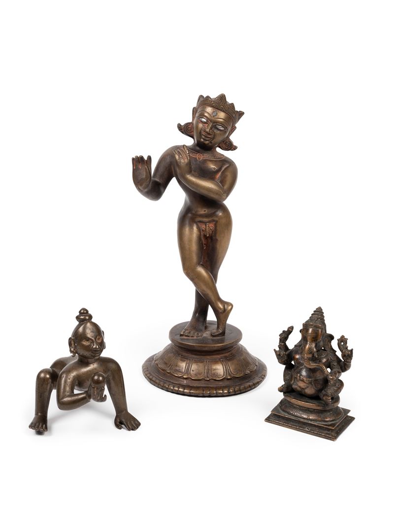 Scultore indiano, Tre sculture in bronzo raffiguranti Vishnu, Ganesha e Mahavira