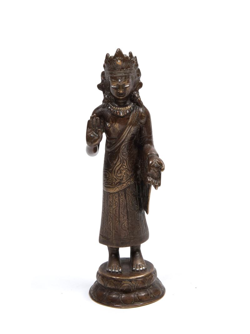 Bodhisattva, bronzo con inserti in argento e rame, Nepal, XIX secolo