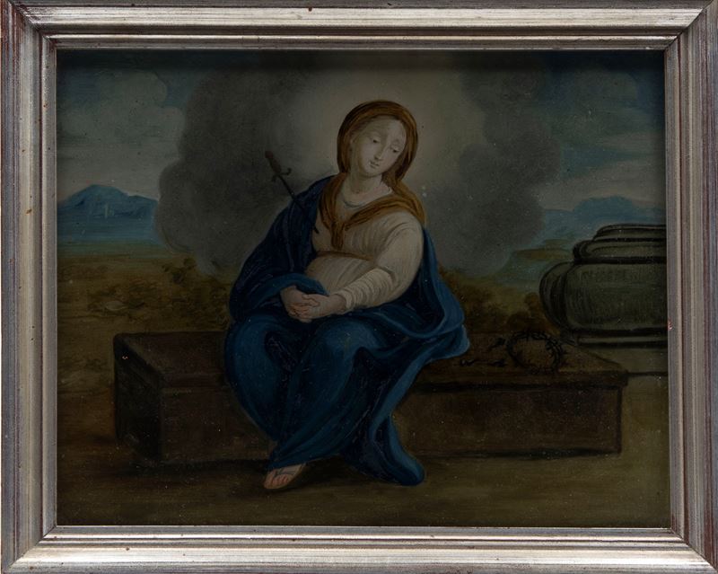 Scuola italiana, Madonna Addolorata con simboli della Passione, dipinto sottovetro