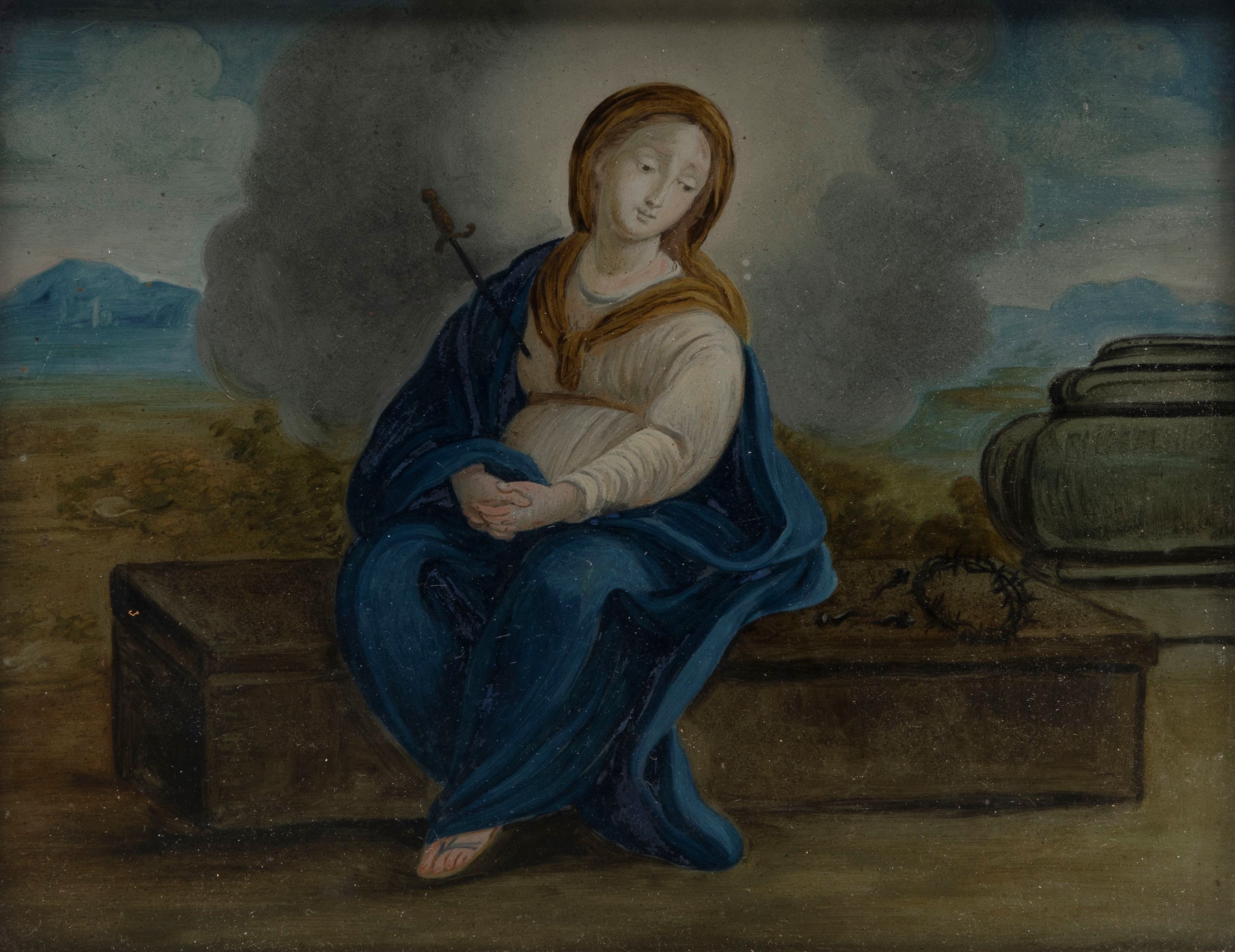 Scuola italiana, Madonna Addolorata con simboli della Passione, dipinto sottovetro