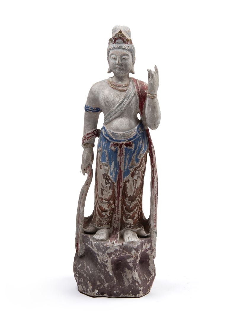 SCULTURA IN LEGNO LACCATO POLICROMO RAFFIGURANTE GUANYIN