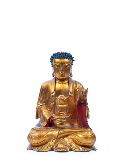 Scultura in legno laccato e dorato raffigurante Buddha seduto, Cina, inizio XX secolo