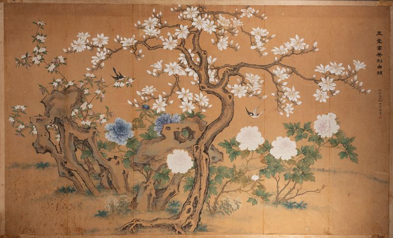 Shen Quan, Dipinto su carta con giardino, sei pannelli