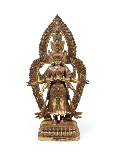 Figura di divinità, bronzo dorato raffigurante Ekādaśamukha-Avalokiteśvara in Ashtabhujā (otto br...
