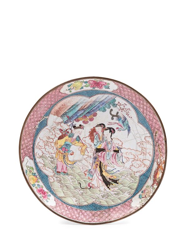 A RARE FAMILLE ROSE ENAMEL ON COPPER DISH