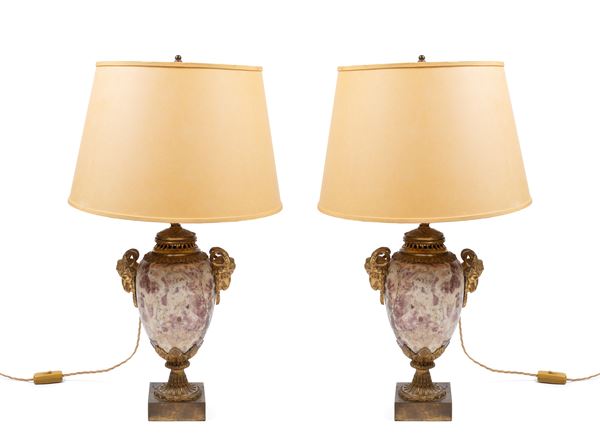 A PAIR OF TWO-HANDLED MARBLE VASE WITH GILT-BRONZE MOUNTS