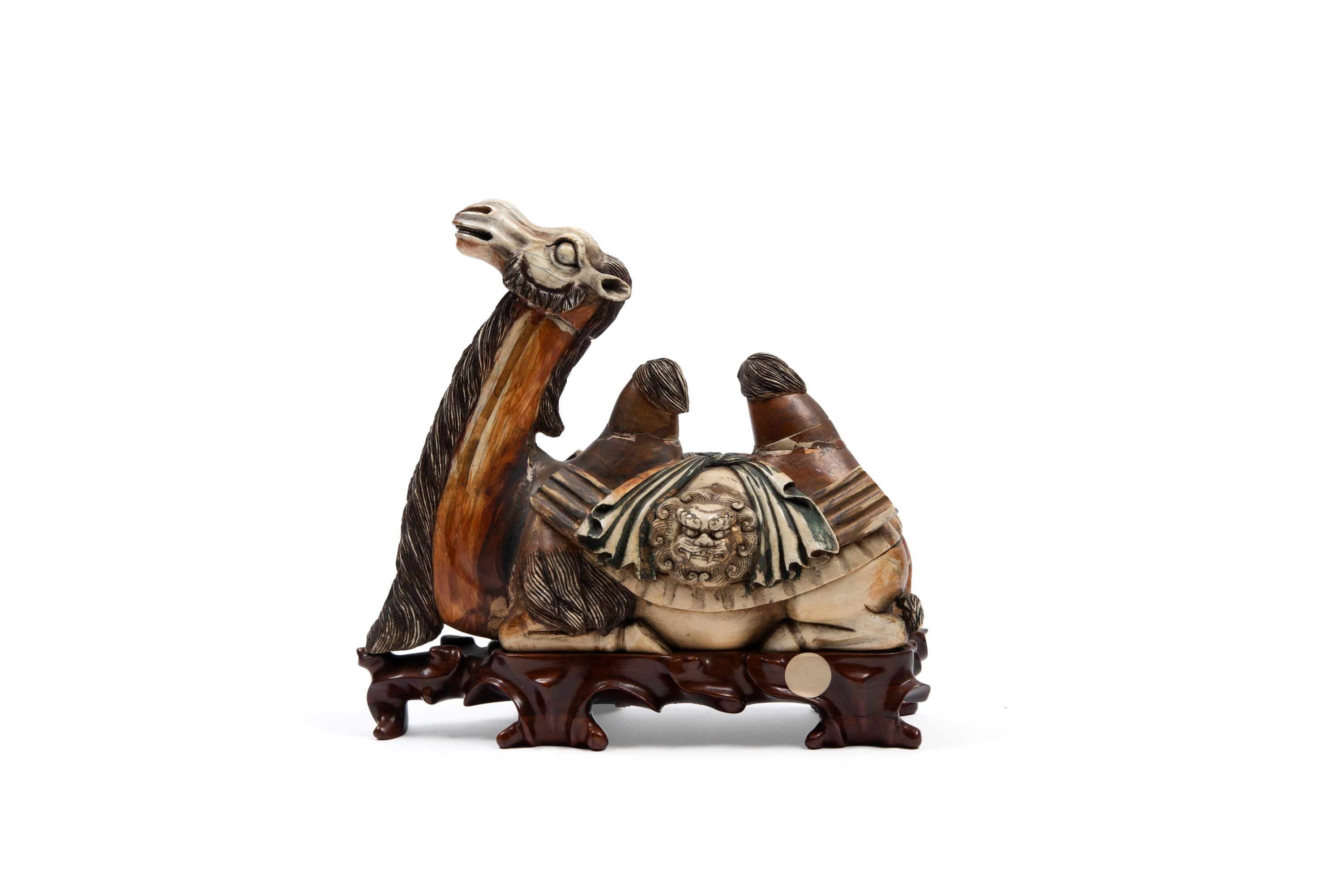 Scultura in avorio raffigurante cammello accovacciato su base in legno, Cina, inizio XX secolo