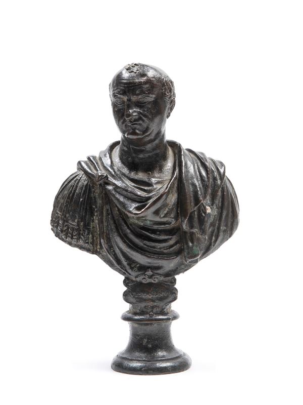 BRONZE BUST WITH DARK PATINA DEPICTING EMPEROR VESPASIAN