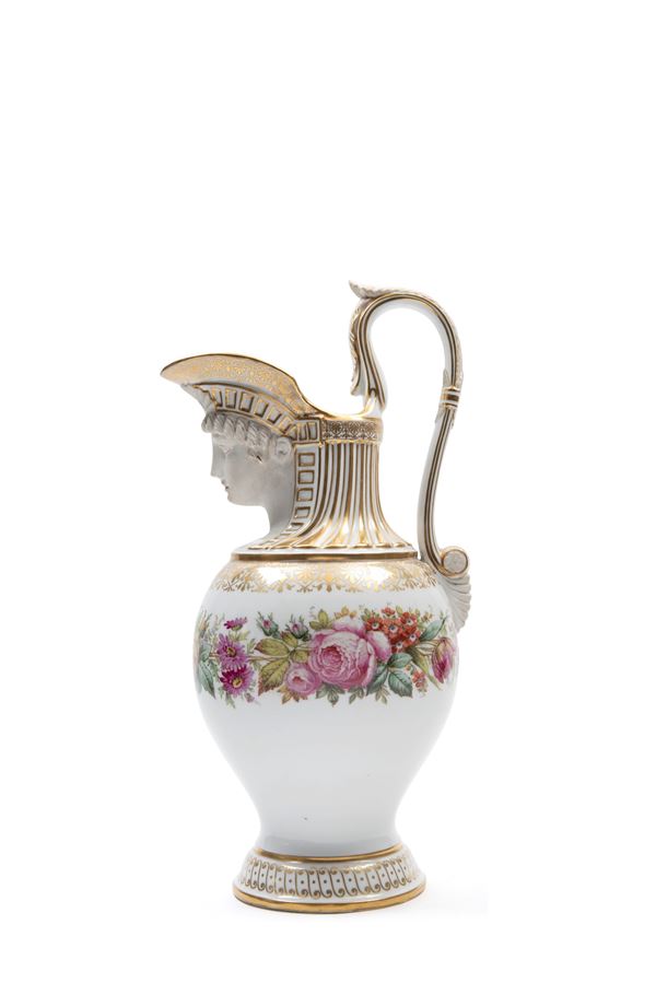 POLYCHROME PORCELAIN EWER WITH GOLD DECORATIONS