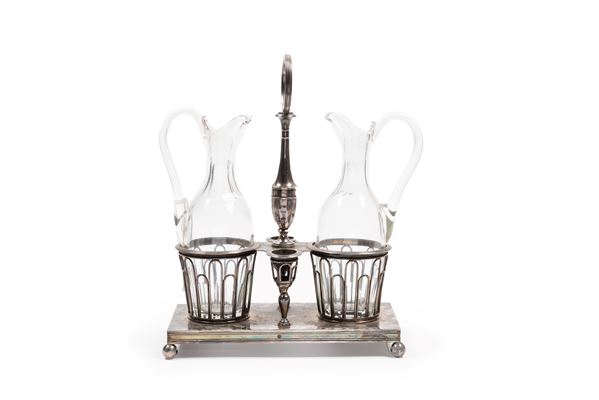SILVER CRUET SET WITH CRYSTAL BOTTLES