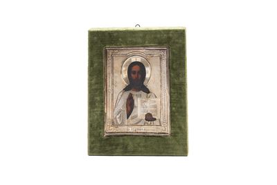 Icona con riza in argento dorato raffigurante Cristo, tempera su tavola