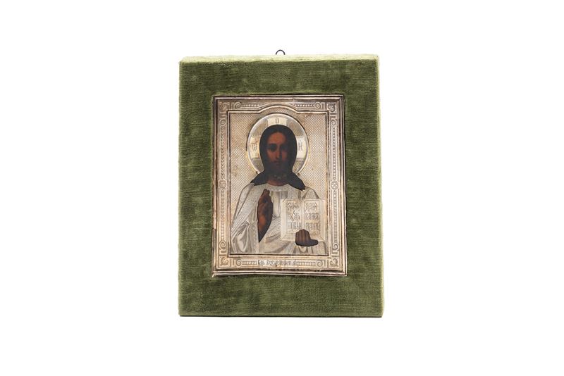 Icona con riza in argento dorato raffigurante Cristo, tempera su tavola