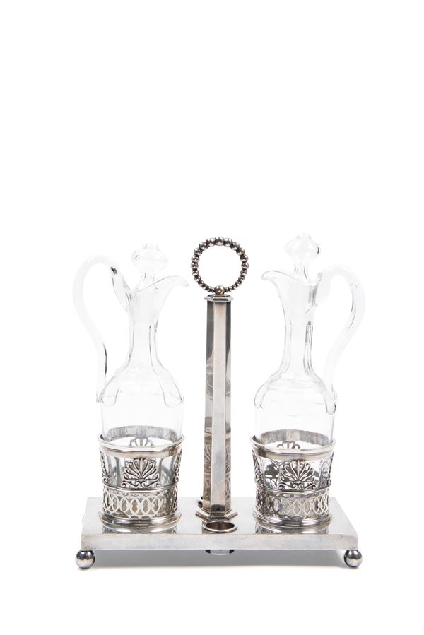 SILVER CRUET SET WITH CRYSTAL BOTTLES