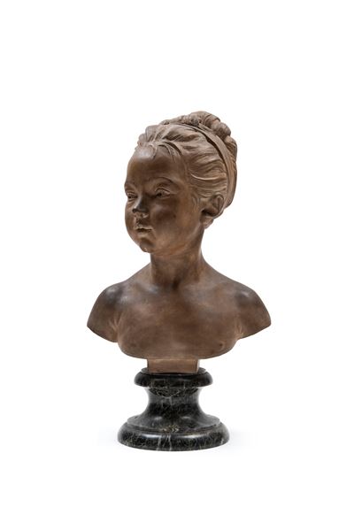 Scultore francese del XIX secolo, Scultura in terracotta raffigurante fanciulla su base in marmo ...