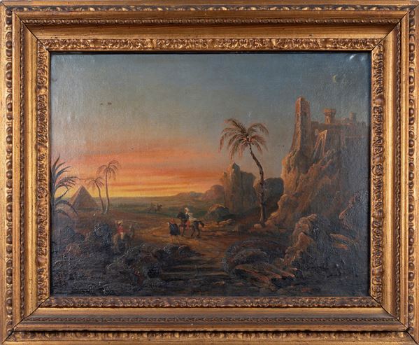 ORIENTALIST PAINTING WITH PYRAMID IN THE BACKGROUND