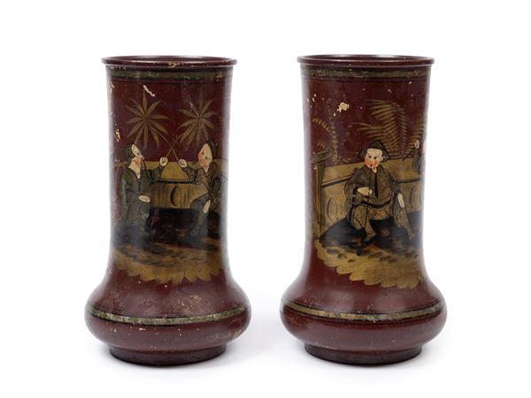 PAIR OF LACQUERED AND PAINTED METAL VASES