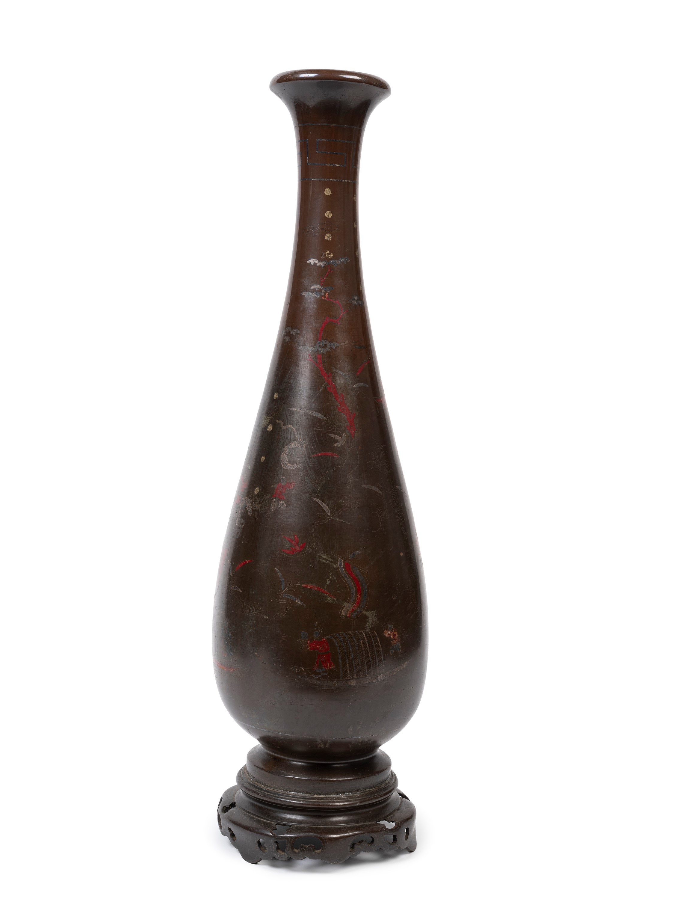 Vaso portafiori in bronzo su base in legno, Giappone, periodo Meiji