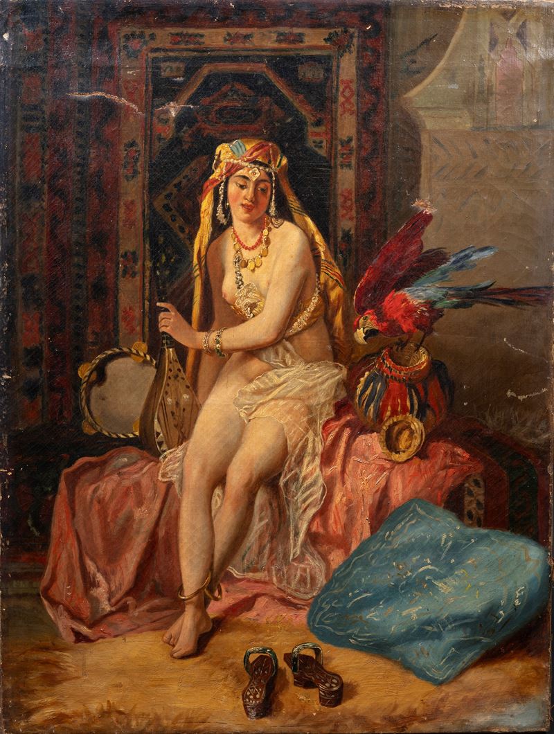 Autore non identificato, Donna in abiti orientaleggianti in ambiente ricco di elementi decorativi...
