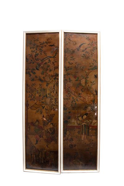 Pannello in pelle dipinta a chinoiserie, XVIII/XIX secolo