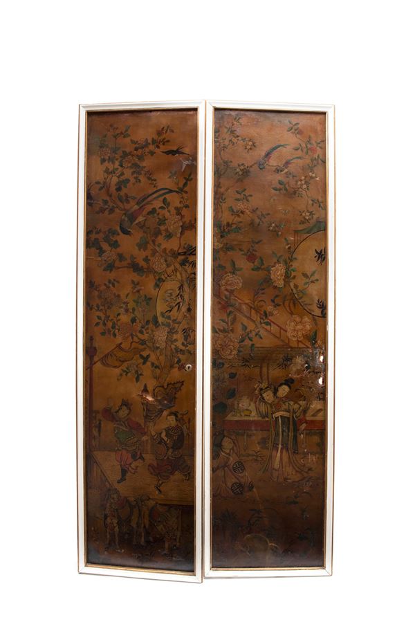 PAIR OF CHINOISERIE PAINTED LEATHER PANELS