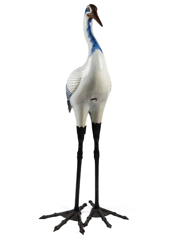 LARGE KUTANI BRONZE AND PORCELAIN SCULPTURE OF A CRANE
