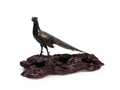 Okimono in bronzo patinato e dorato raffigurante un fagiano, Giappone, periodo Meiji