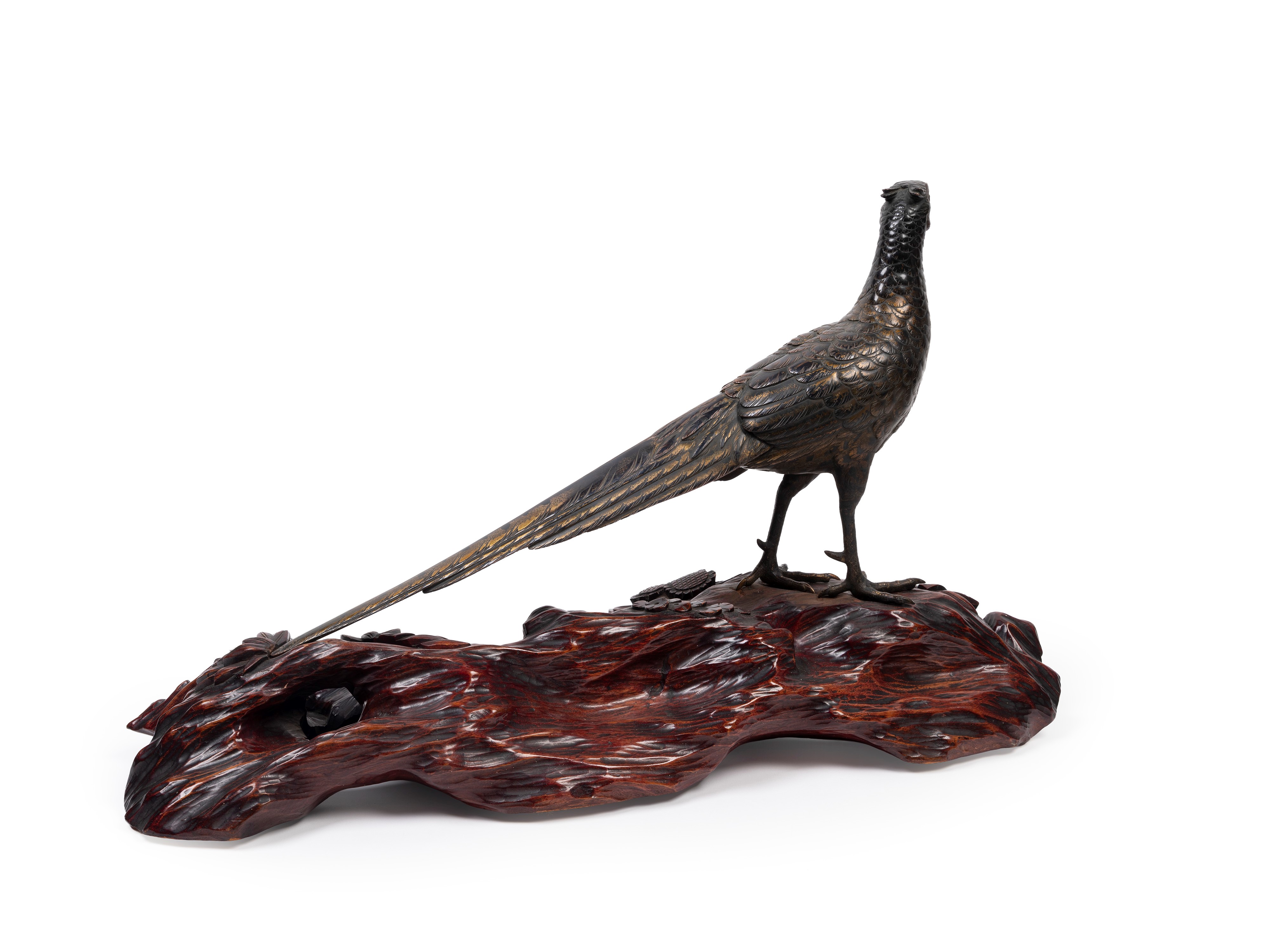 Okimono in bronzo patinato e dorato raffigurante un fagiano, Giappone, periodo Meiji