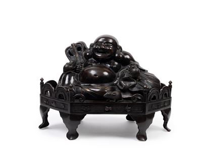 Okimono in bronzo, Hotei con tre topolini, Giappone, XIX secolo